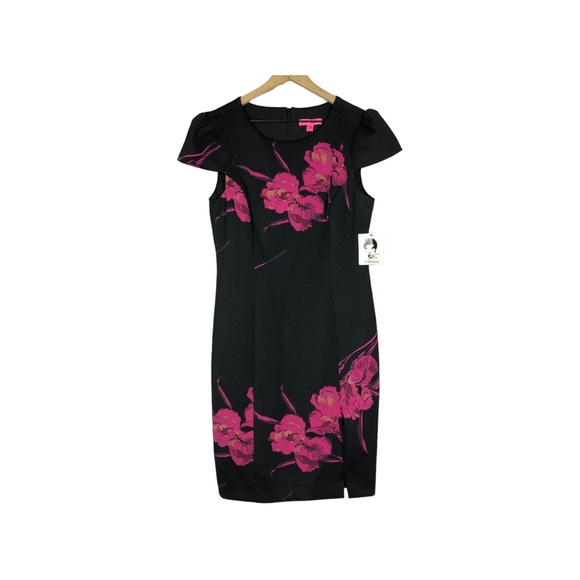 Betsey Johnson Dresses & Skirts - Betsey Johnson. Women’s Black Large Pink Floral Print Cap Sleeves Midi Dress 8